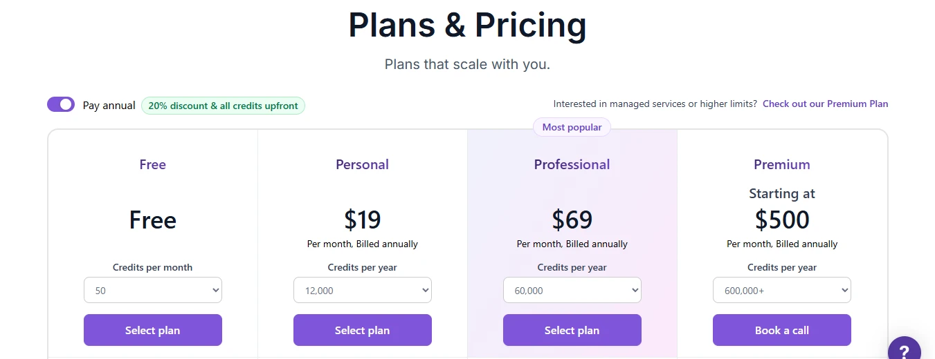 Browse AI pricing tiers comparing Free, Personal, Professional, and Premium plans